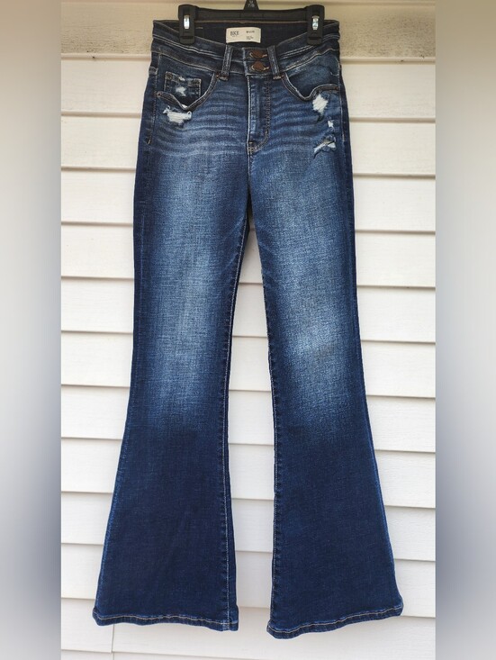 BKE Denim - BKE Womens Billie Slim Fit Flare Dark Wash Blue Distressed Stretch  Jeans 26